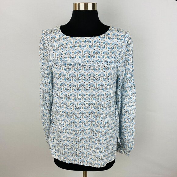 Ann Taylor Loft Blue Multicolored Bohemian Print Pleated Bib Front Women's S Top - Picture 1 of 9